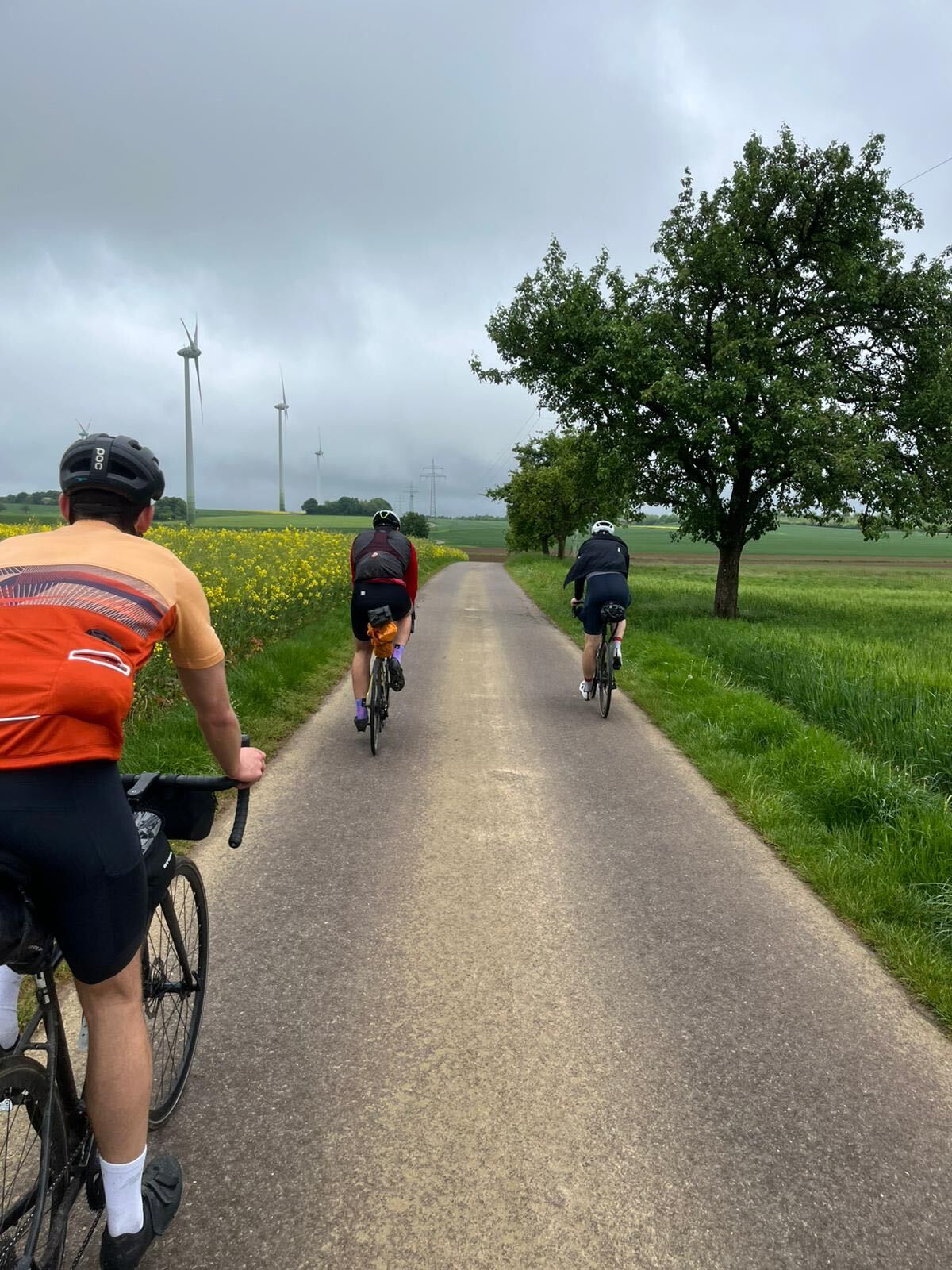 Climbing through rapeseed fields toward the Saarland wind farms