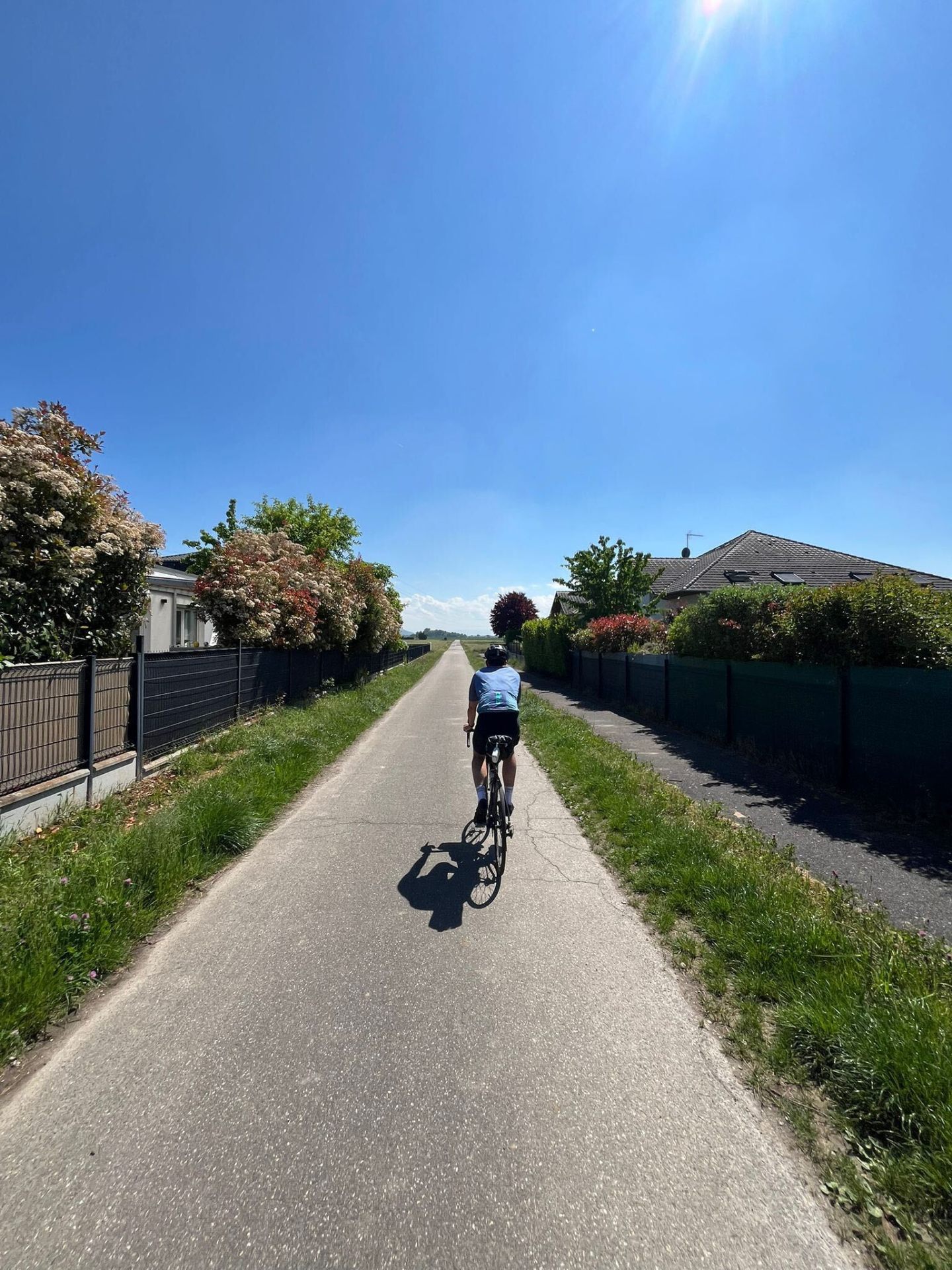 Solo rider on a long straight lane through an Alsatian village